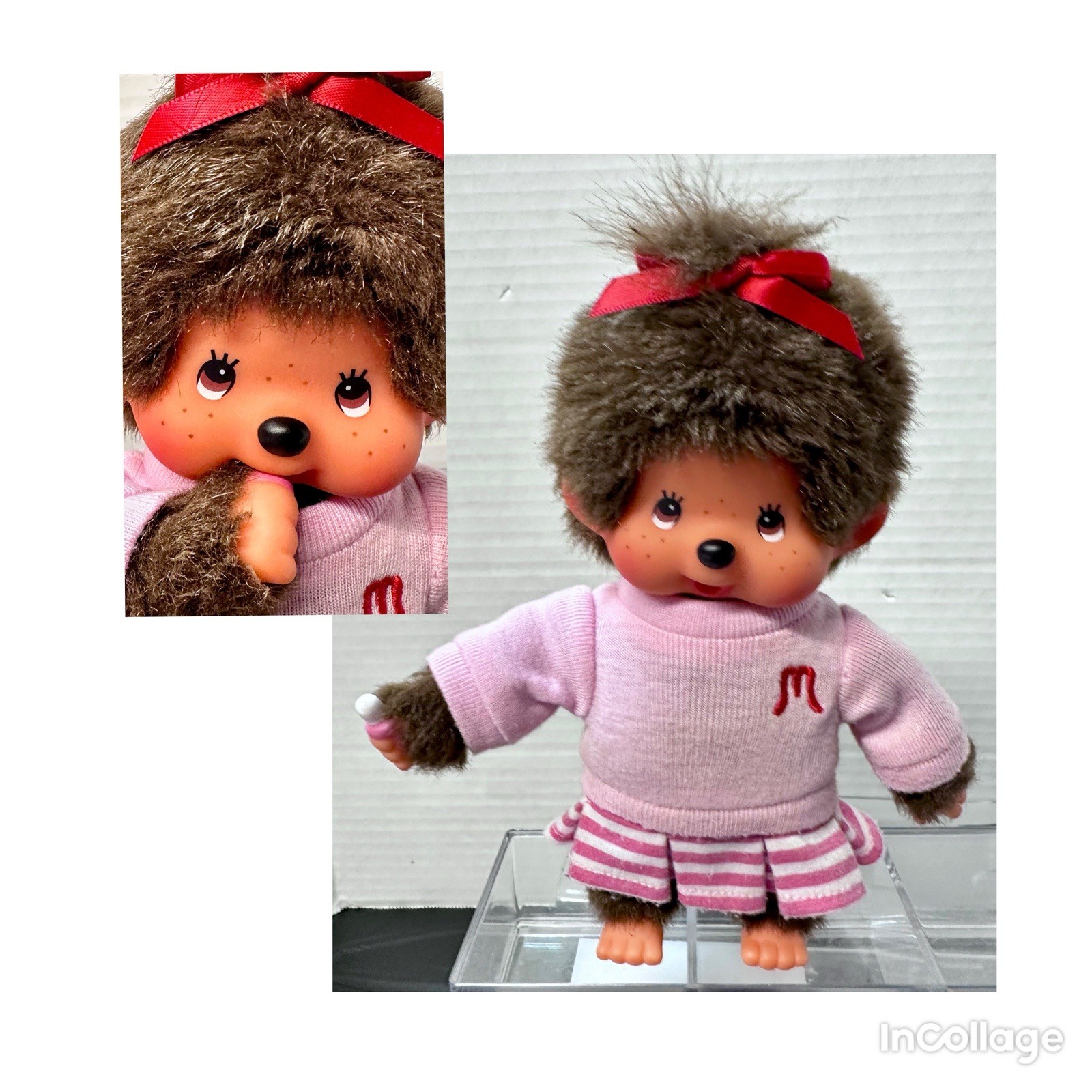 Monchhichi 8” Girl Plush Monogram Sweater Stripe Skirt Sekiguchi Stands Up