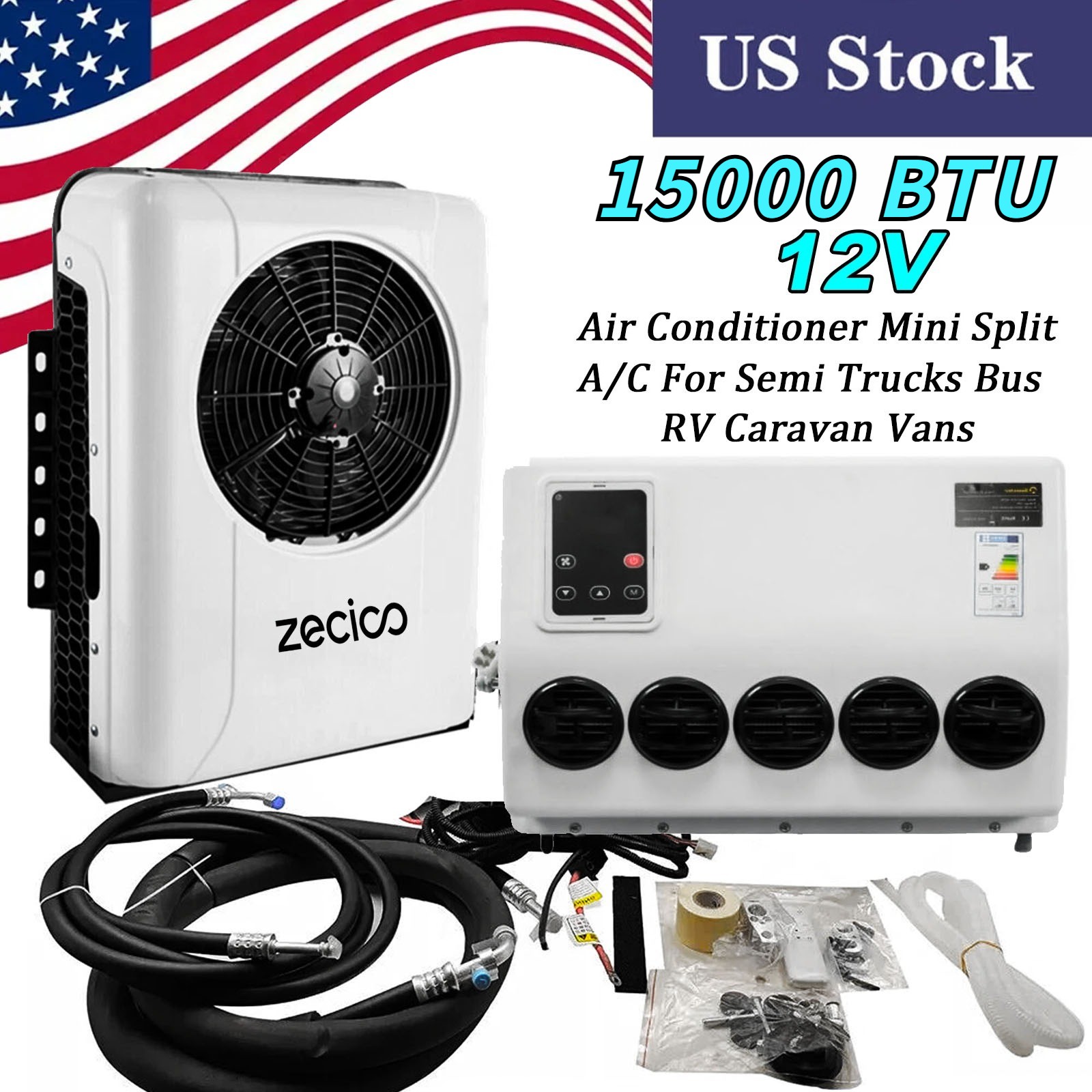 12V Split 15000 BTU Truck Cab Air Conditioner AC Fits Semi Trucks RV Caravan Bus