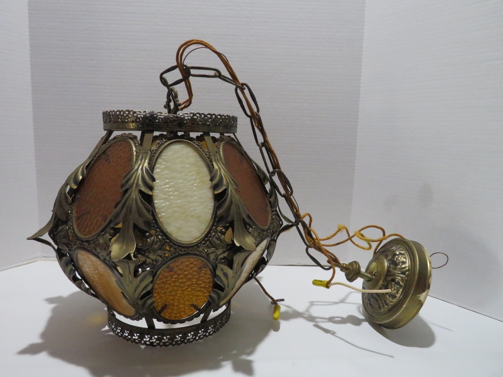 VTG 1960\'S/70\'S GOTHIC SPANISH REVIVAL CEILING LIGHT METAL & AMBER/WHITE GLASS VTG 1960\'S/70\'S GOTHIC SPANISH REVIVAL CEILING LIGHT METAL & AMBER/WHITE GLASS