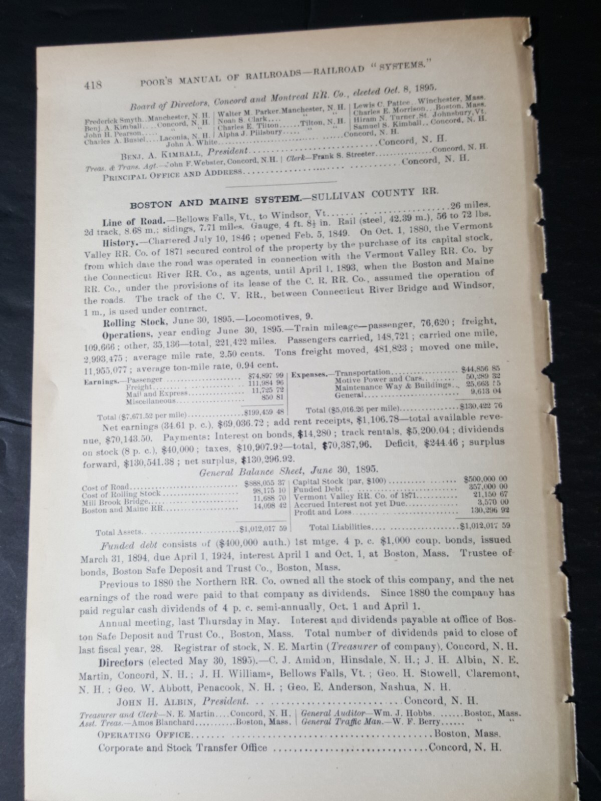 ◇ 1896 original train report SULLIVAN COUNTY RAILROAD Bellows Falls Windsor VT