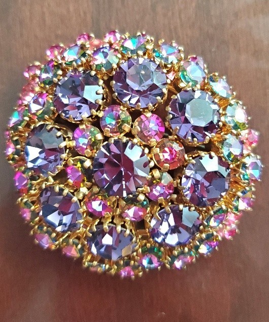 Vintage Signed Made in Austria Purple Pink, Tiered Rhinestone Dome Brooch Pin