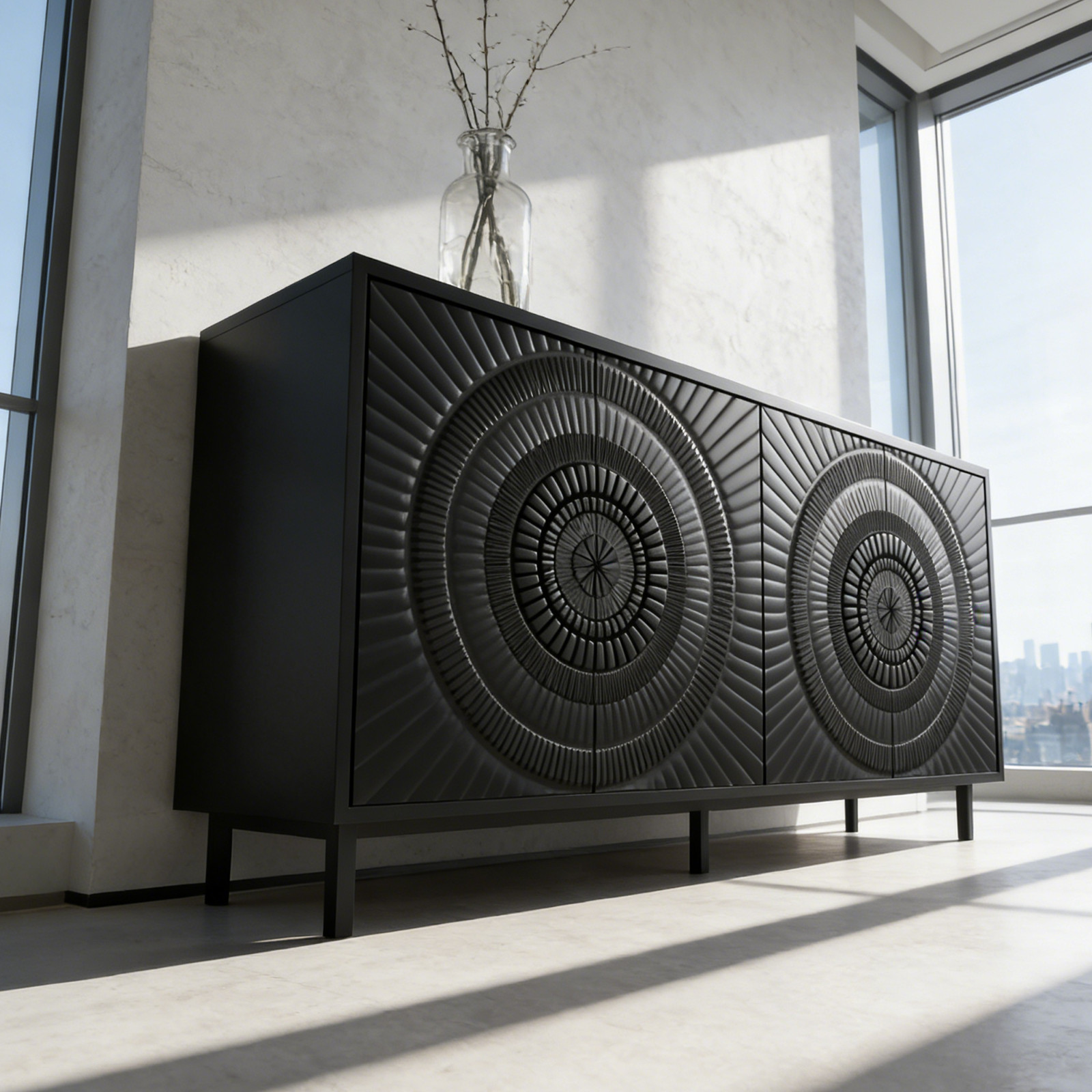 Modern Black Sunburst Wood Sideboard Buffet Accent Storage Cabinet Console Table