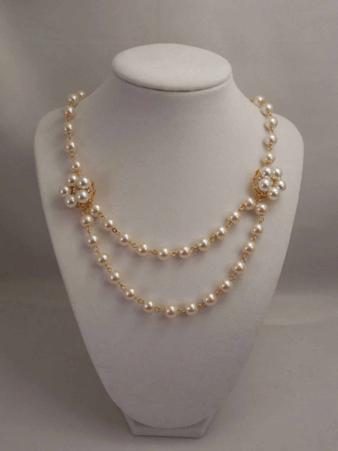 Gorgeous 8mm Cream Glass Pearl & Diamond 18K Yellow Gold Over 2 Strand Necklace