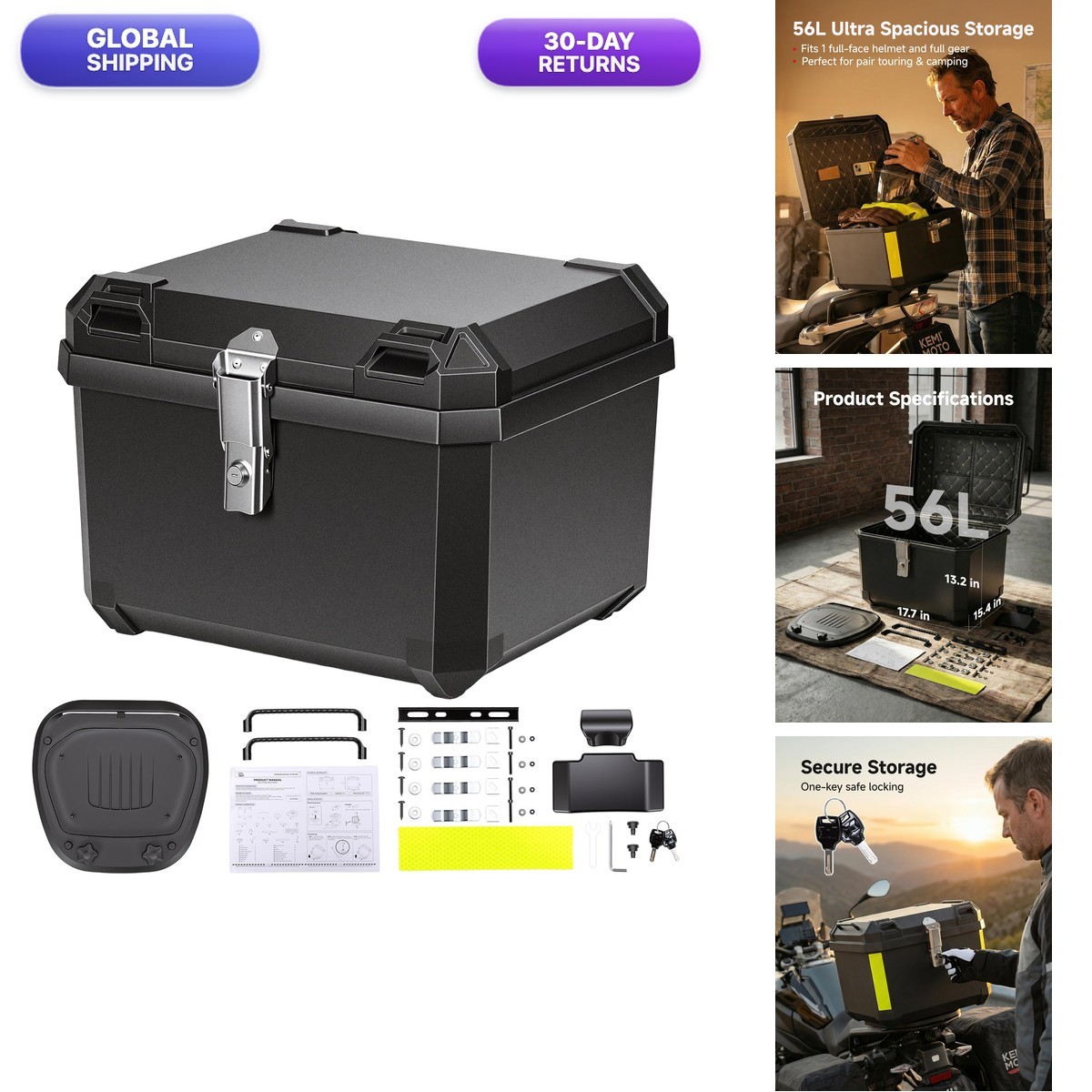 KEMIMOTO Motorcycle Top Case 56L Universal Plastic Trunk Waterproof Detachable KEMIMOTO Motorcycle Top Case 56L Universal Plastic Trunk Waterproof Detachable
