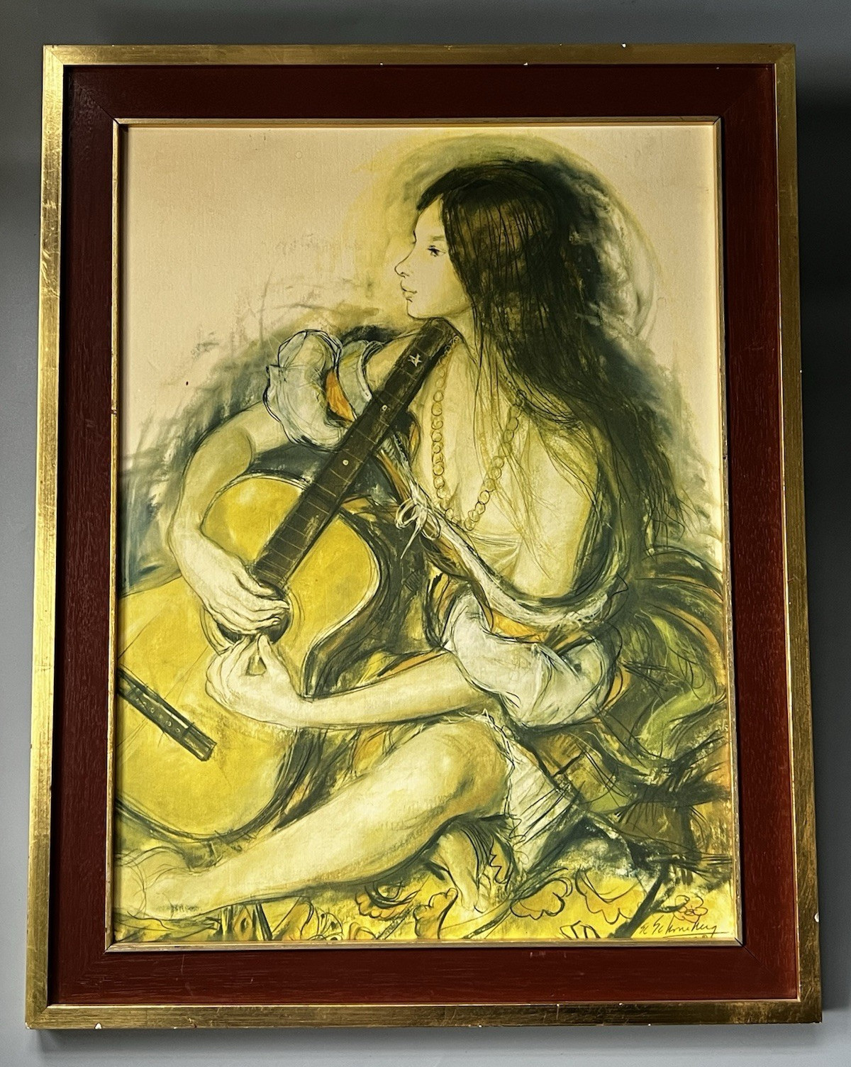 Vtg Sheldon Schoneberg Deborah Dreaming Girl Playing Guitar Framed Art Print