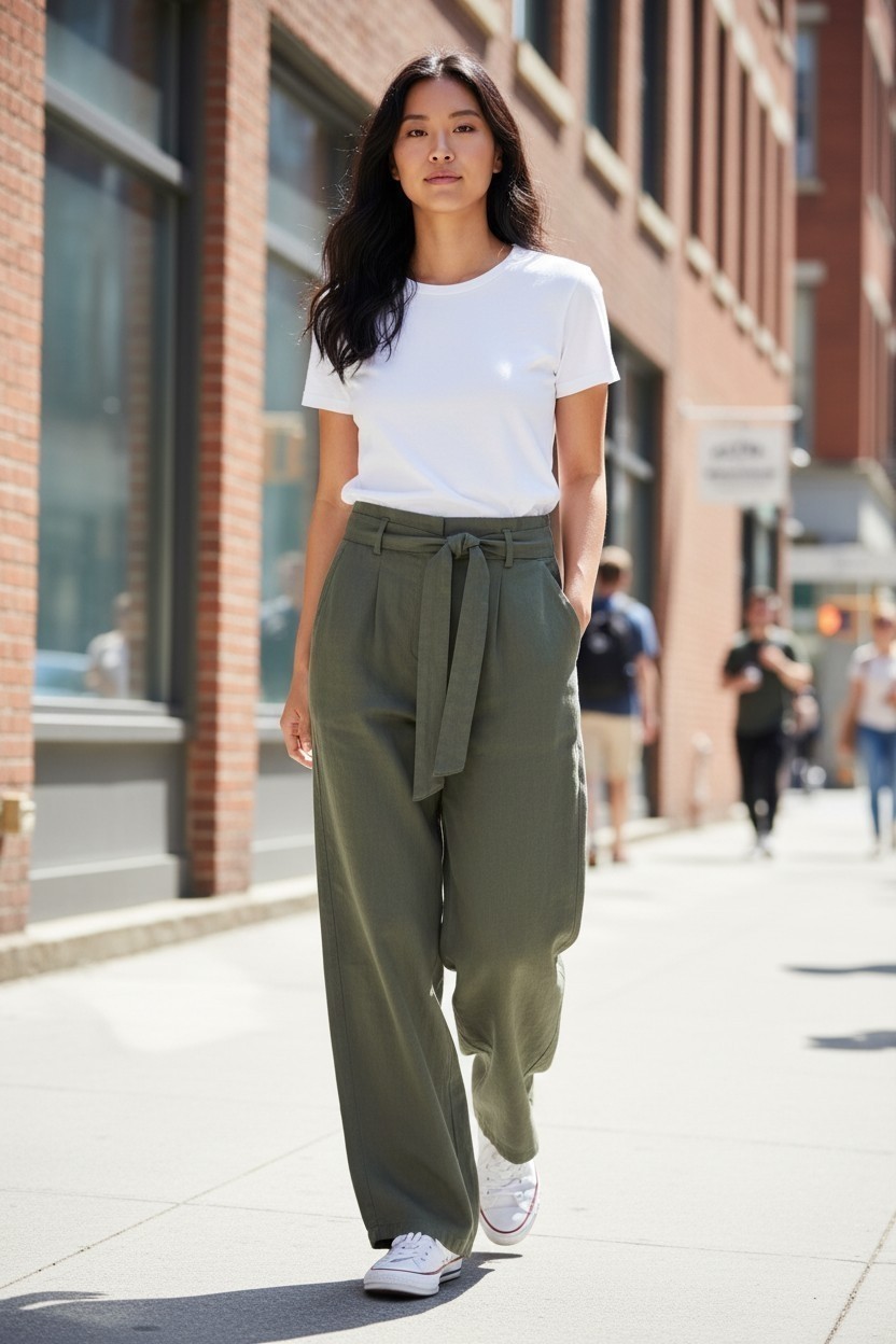 Vero Moda Ivy Green Womens L High Rise Wide Leg Vmlaura HR Loose Knot Belt Pants