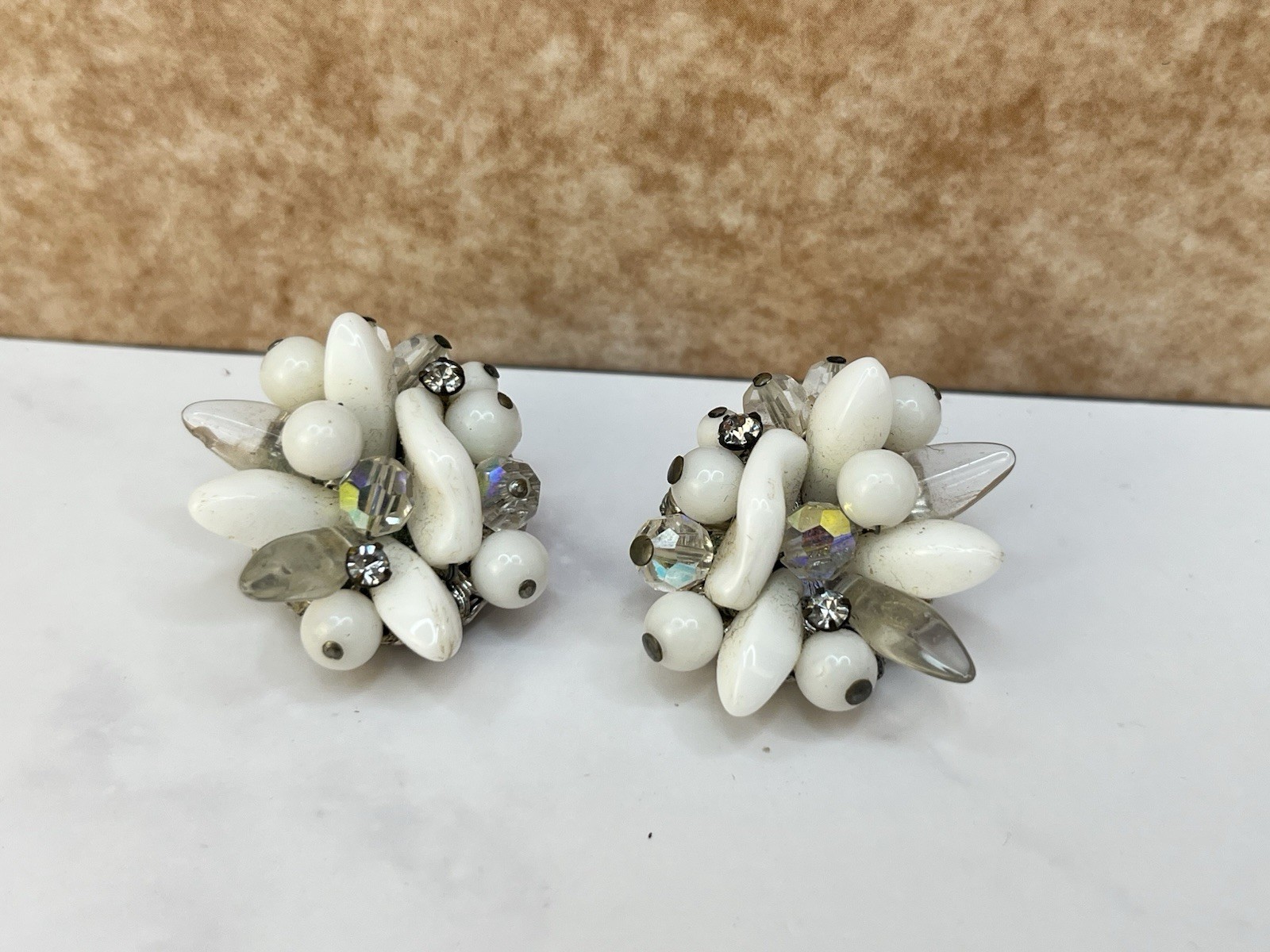 1950s Signed EUGENE White Glass Bead AB Rhinestone Cluster Clip Earrings