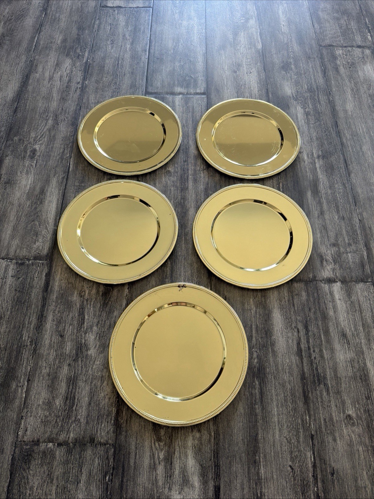 VTG Godinger Silver Co. Brass Plated Gold Serving Plate Round 5-Piece Set Used VTG Godinger Silver Co. Brass Plated Gold Serving Plate Round 5-Piece Set Used