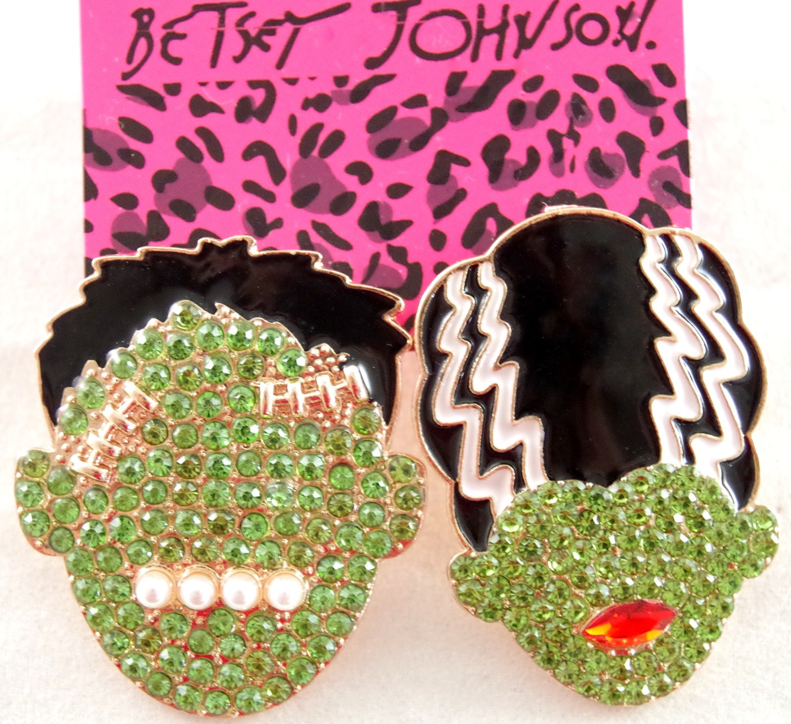 NEW BETSEY JOHNSON ASYMMETRICAL FRANKENSTEIN & BRIDE CRYSTAL HALLOWEEN EARRINGS