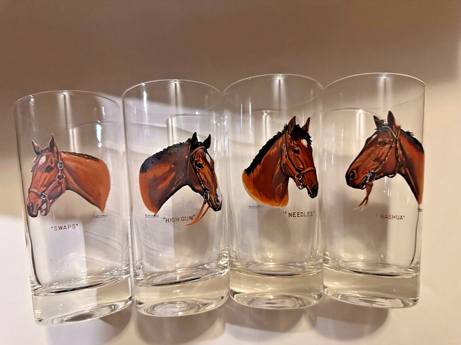 RARE Sintzenich Vintage (1950\'s) Champion Race Horse Drinking Glasses RARE Sintzenich Vintage (1950\'s) Champion Race Horse Drinking Glasses