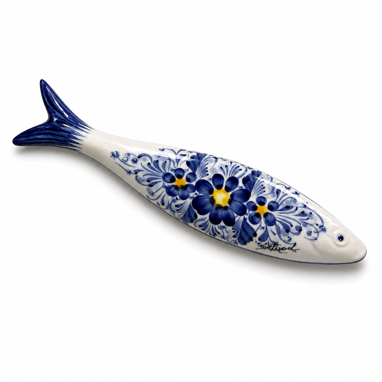 Hand-Painted Portuguese Ceramic Sardine Wall Decor, Blue & Yellow Floral Design