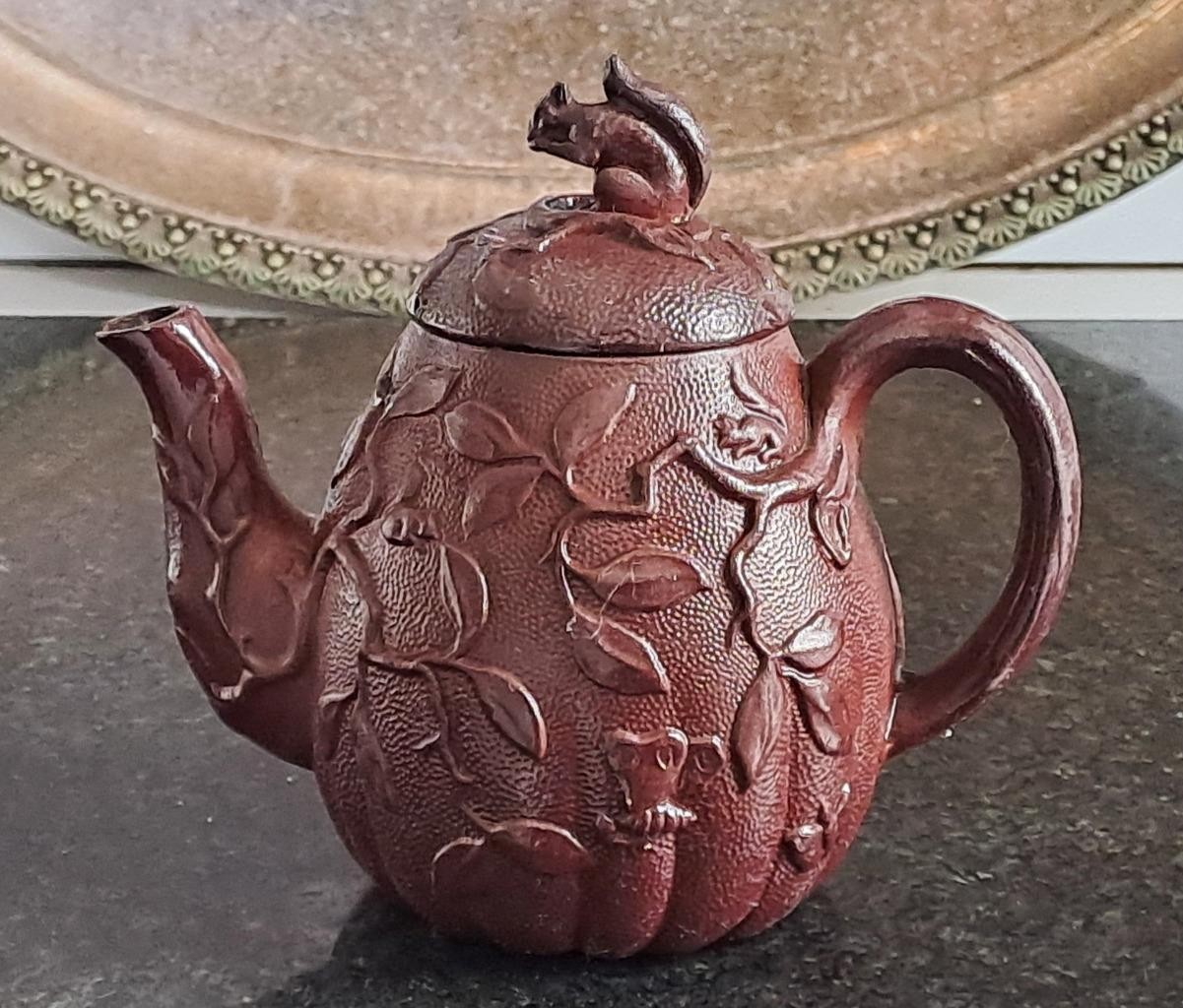 Rare 18th C Gourd Shaped Redware Teapot Moulded with Squirrels and Bees C 1770+