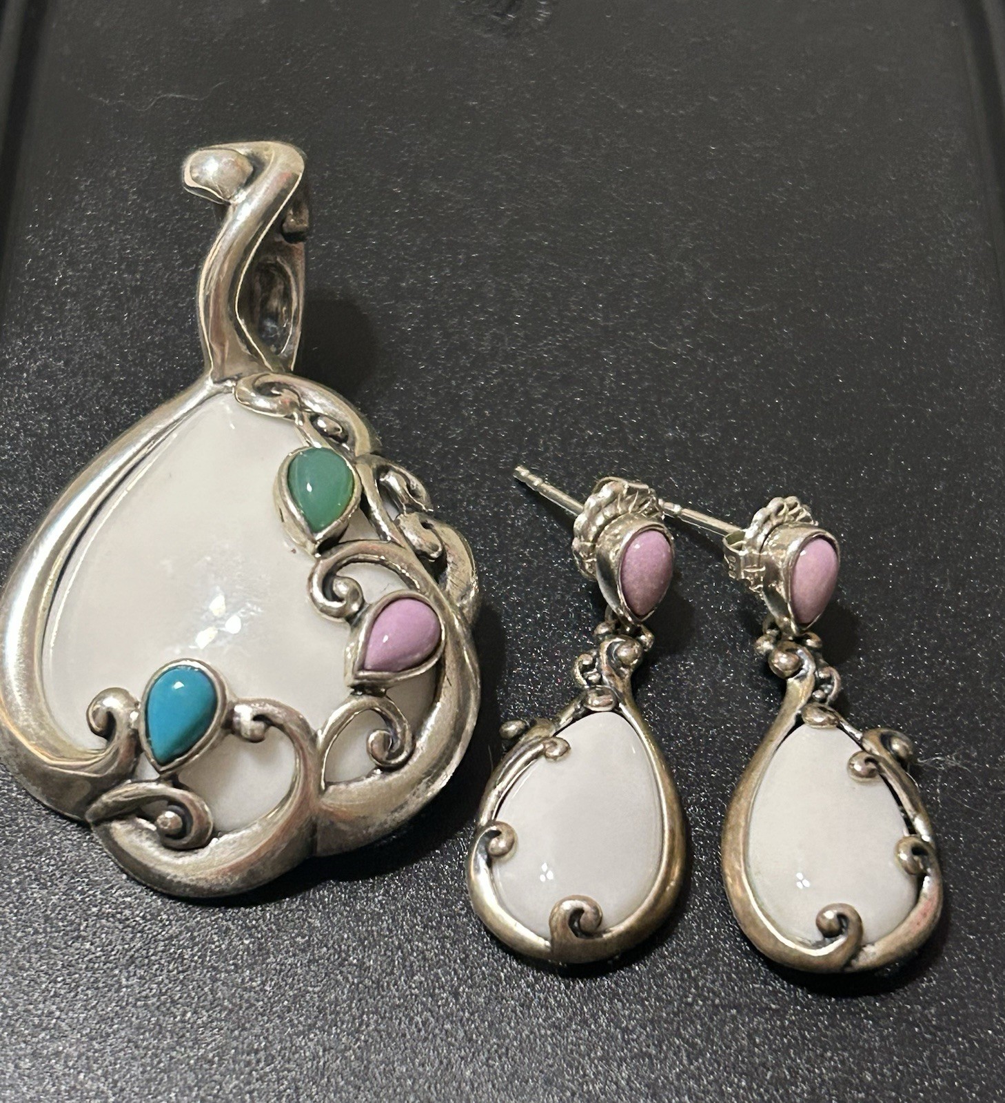 RARE Carolyn Pollack Relios Sterling Silver White Agate Multi Stone Pendant Set