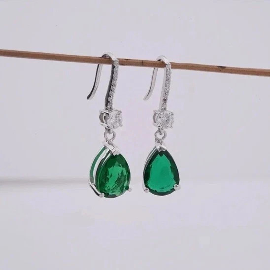 2.18 Ct Pear Cut Emerald Earrings Wedding Earrings 14k Solid White Gold