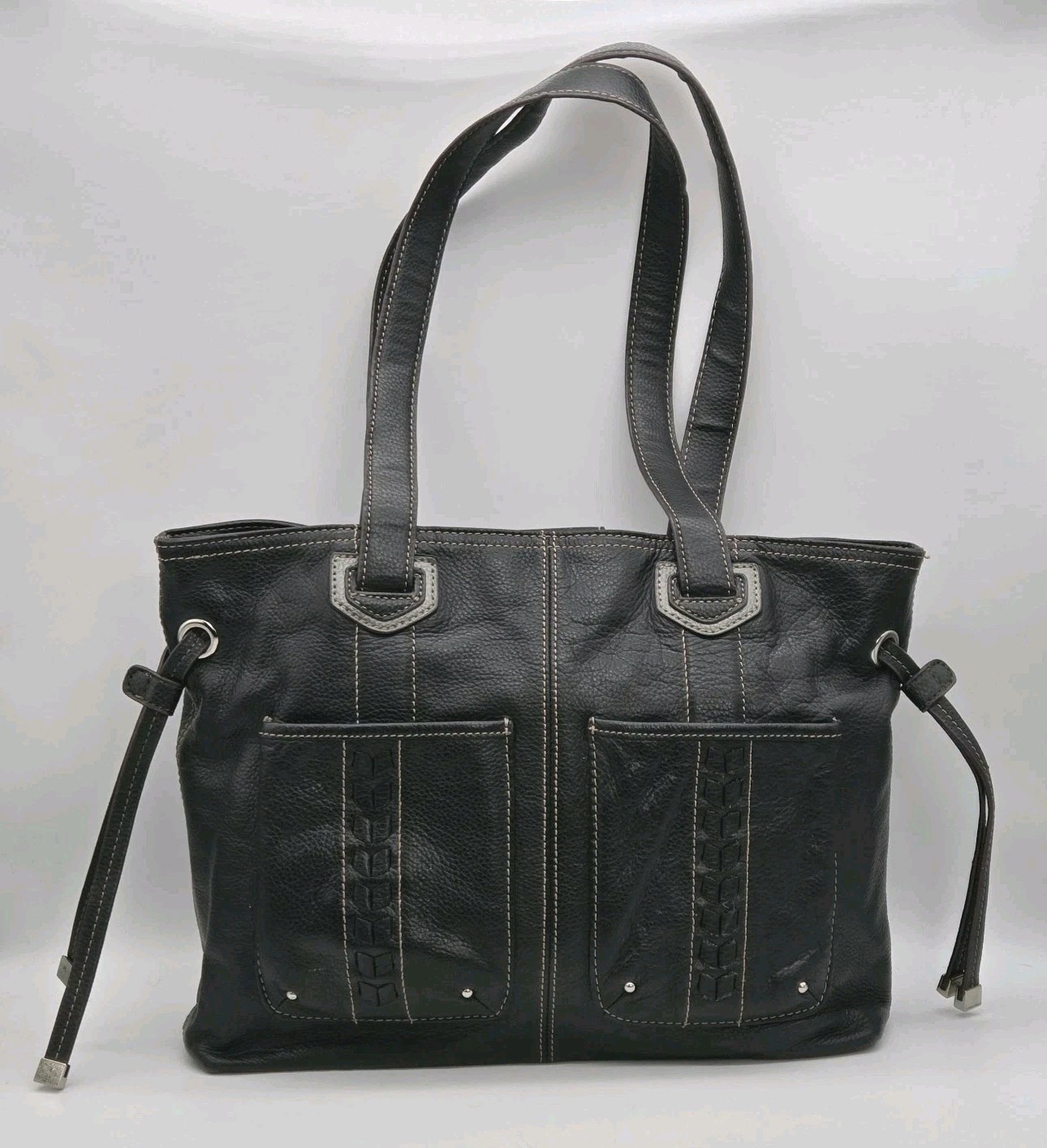 Tignanello Purse Black Pebbled Leather Tote Shoulder Bag Contrast Stitching 