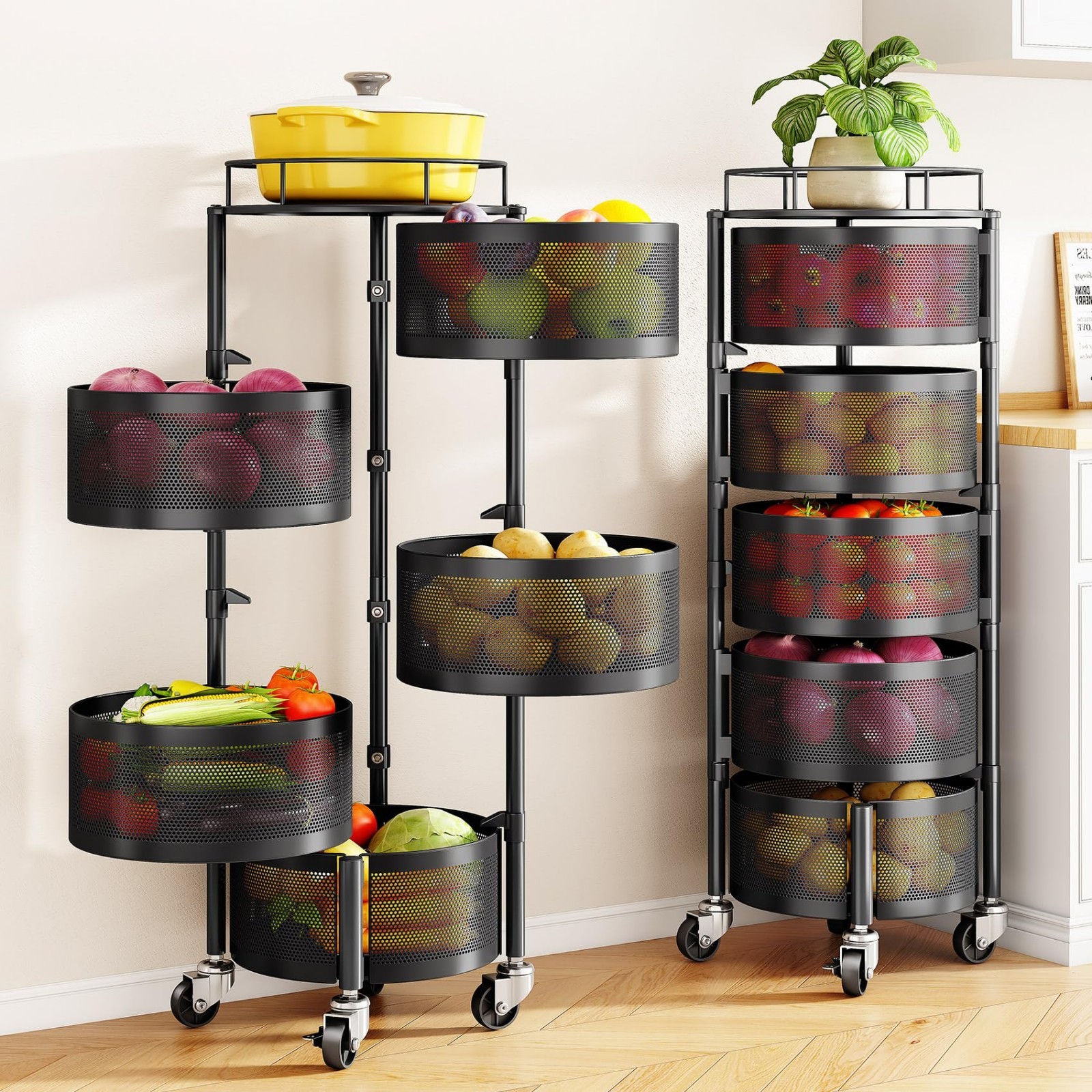 5-Tier Rotating Fruit & Vegetable Basket Bowls for Kitchen Storage - Black