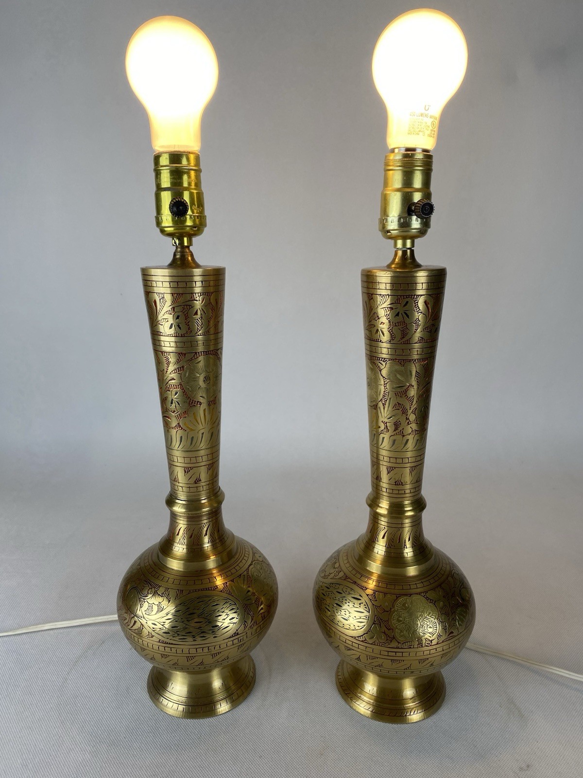 Pair Vintage Moroccan Accent Lamps Bohemian Indian Ornate Etched Brass Pierced Pair Vintage Moroccan Accent Lamps Bohemian Indian Ornate Etched Brass Pierced