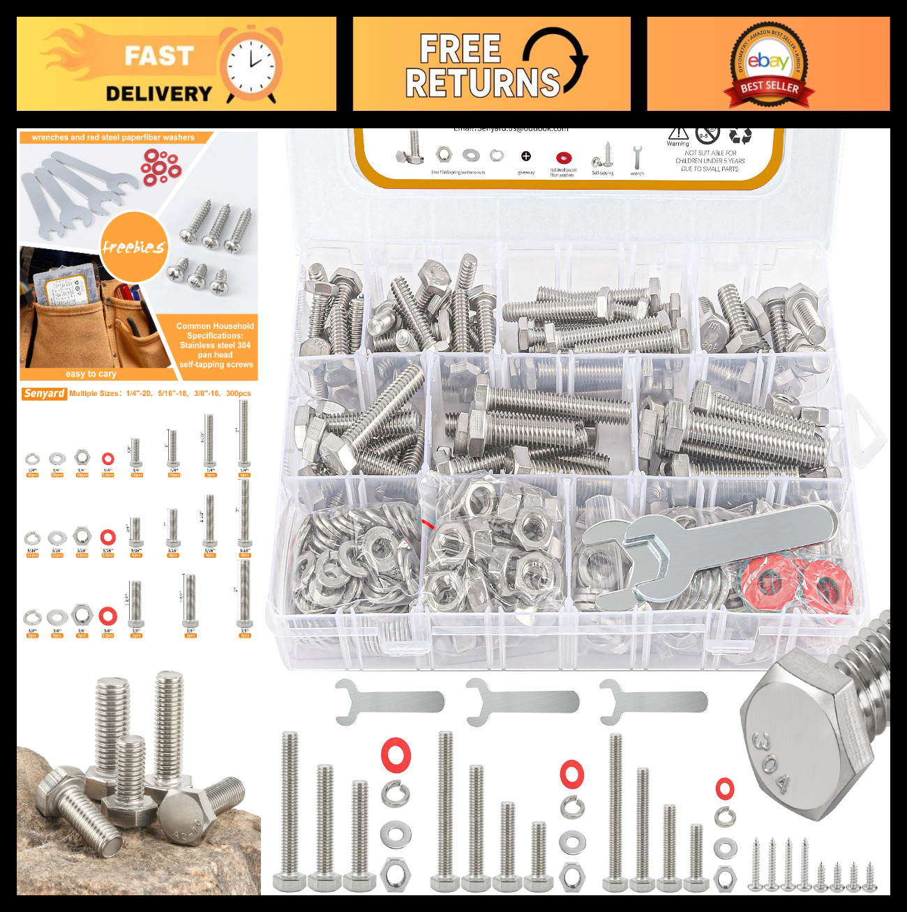 300pcs Stainless Steel Hex Bolts & Nuts Kit - 1/4
