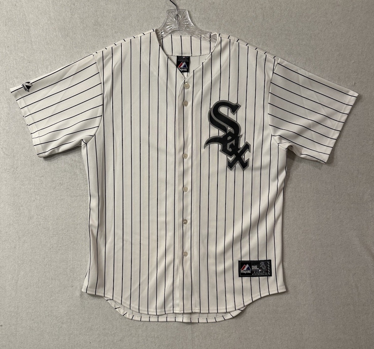 Vintage Majestic Chicago White Sox Home Jersey Pinstripe Gothic Sox Logo Size L Vintage Majestic Chicago White Sox Home Jersey Pinstripe Gothic Sox Logo Size L