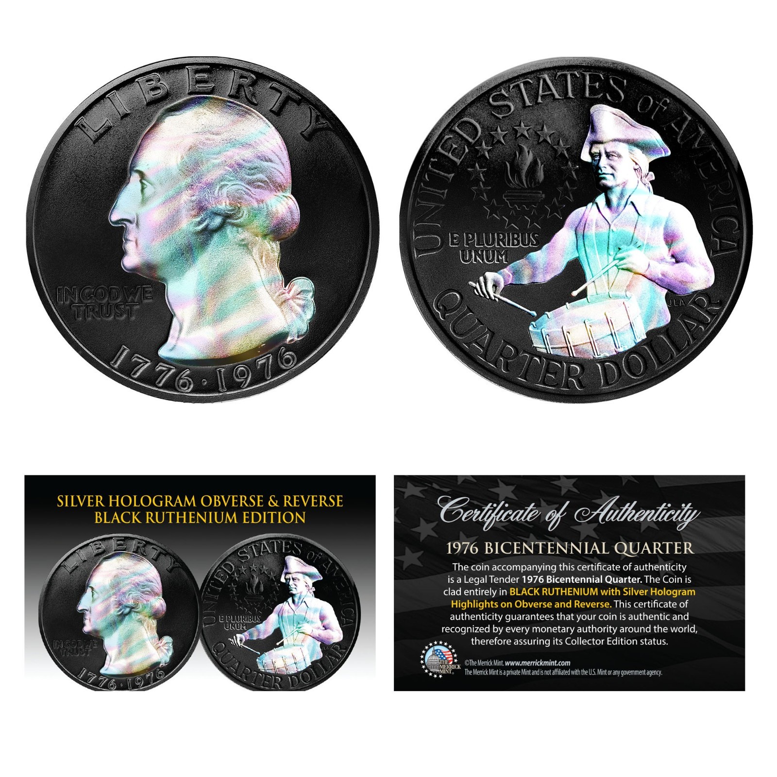 1976 Bicentennial Genuine U.S. Quarter Coin - BLACK RUTHENIUM & SILVER HOLOGRAM 1976 Bicentennial Genuine U.S. Quarter Coin - BLACK RUTHENIUM & SILVER HOLOGRAM