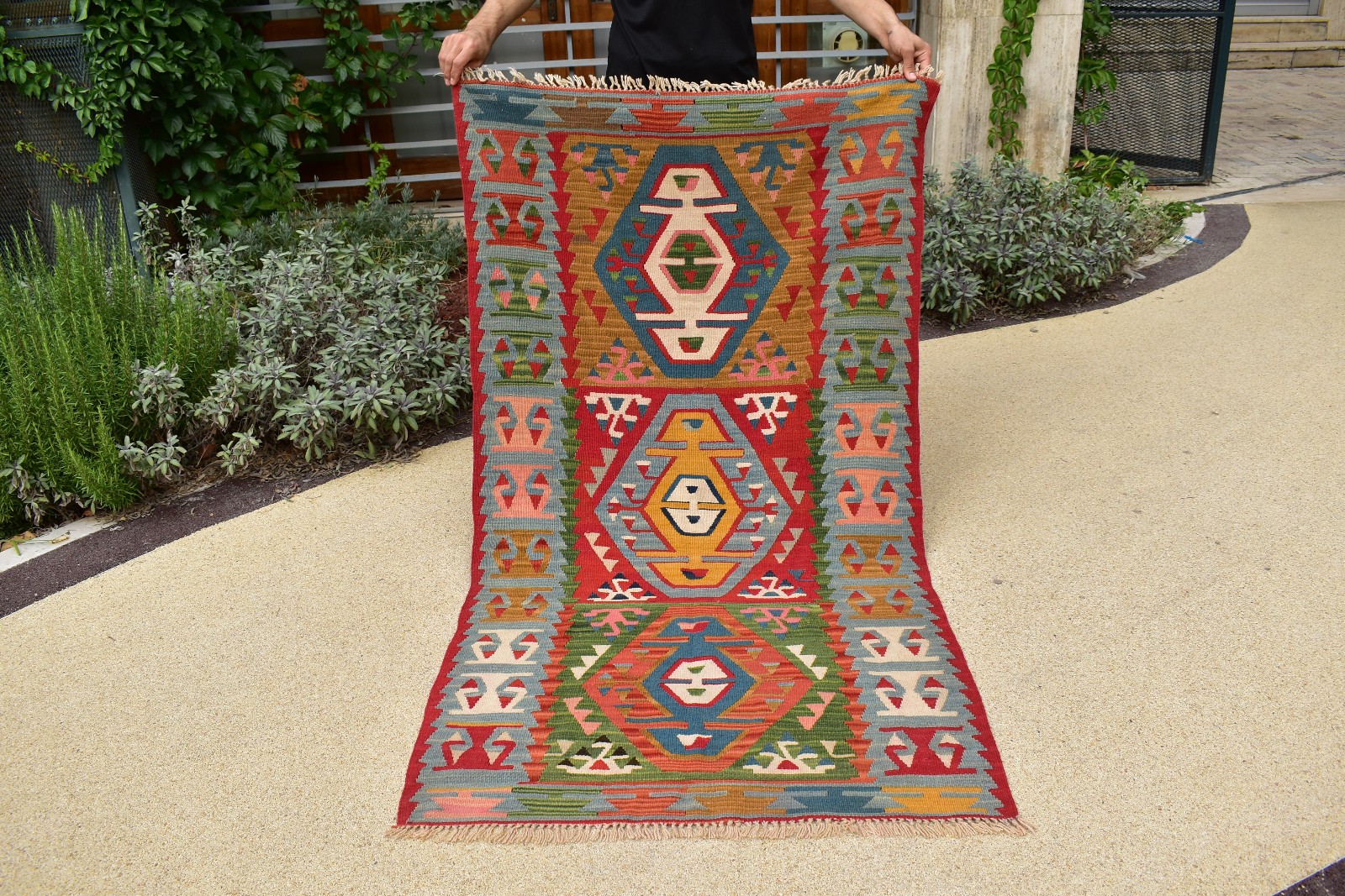 Turkish Rug 41\'\'x74\'\' Handwoven Kayseri Blue Kilim 105x190cm Oriental 3x6 Size