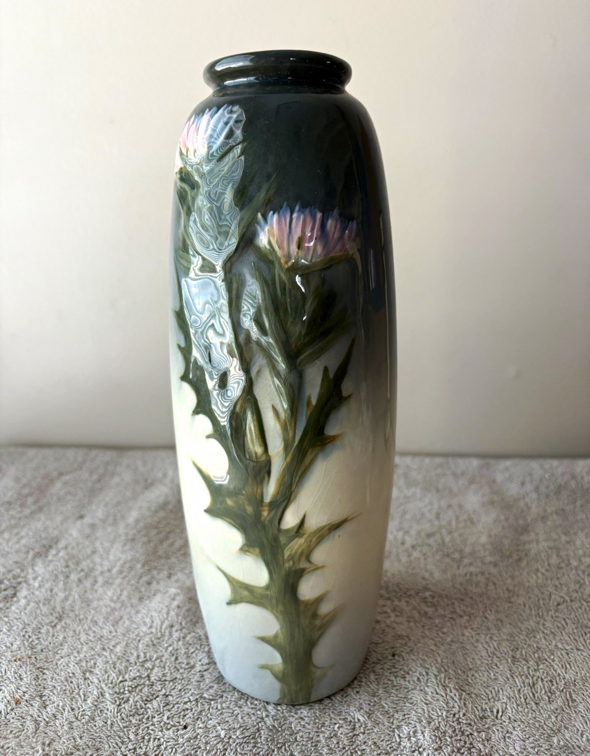 Antique Weller Pottery Etna Vase w/ Hand-Painted Pink Thistles 10”