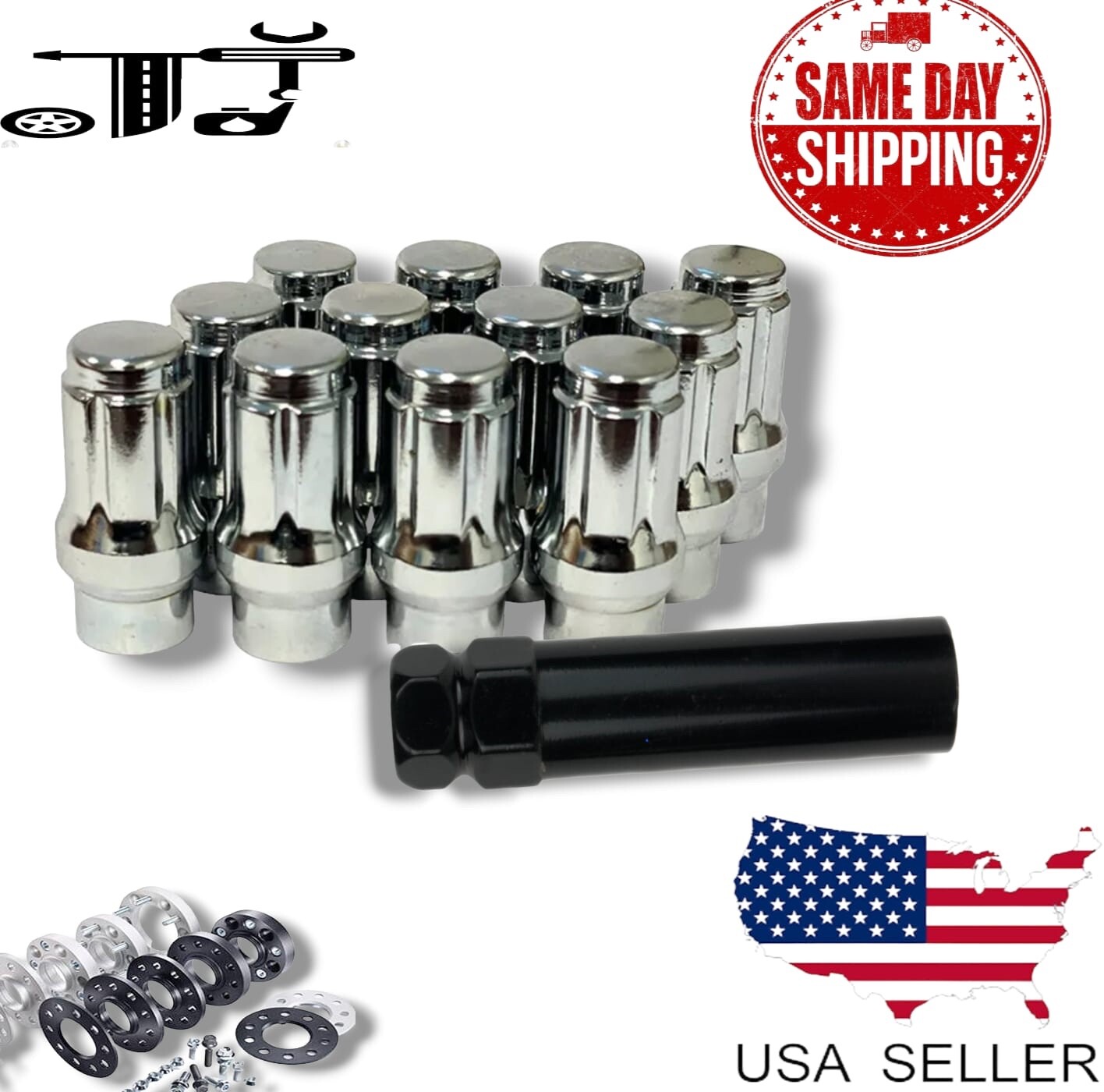 16Pc Chrome M12x1.5 Spline Tuner ET Style Lug Nut+Key Fit Acura Honda Models