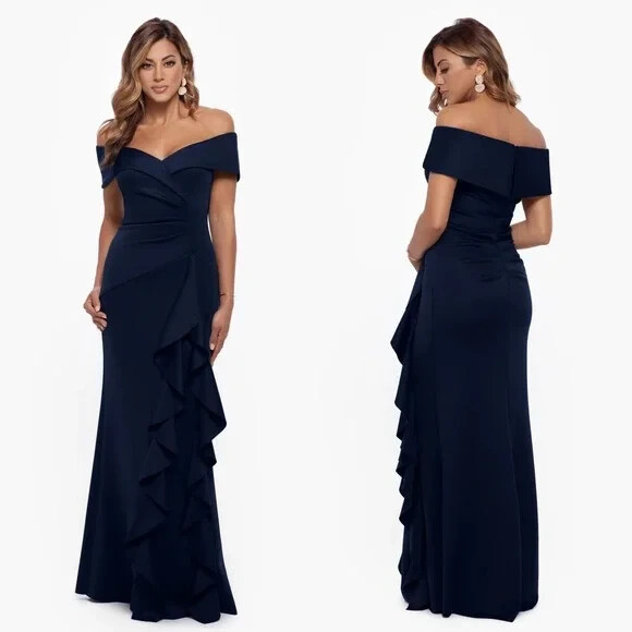 Xscape Navy Blue Ava Off the Shoulder Side Ruffle Evening Gown Size 14 $288