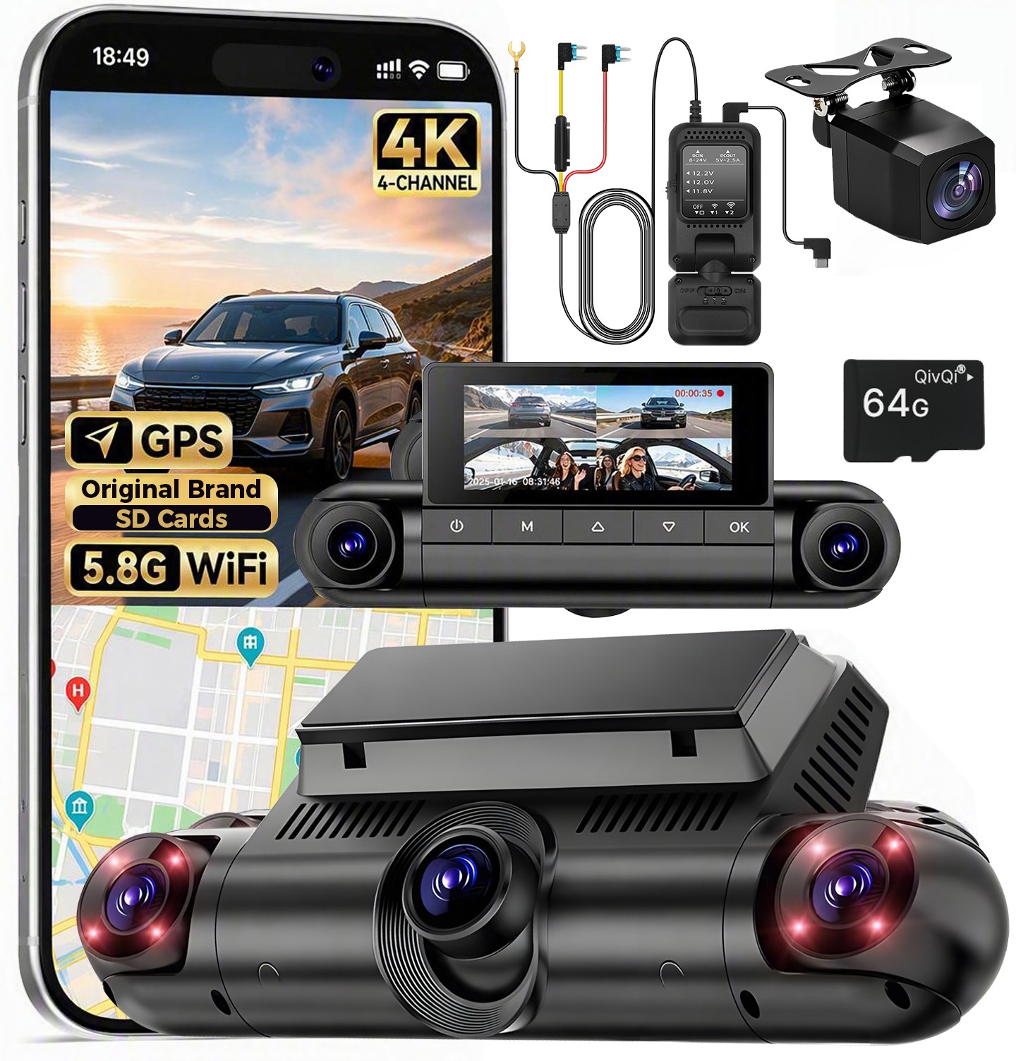 4 Channel Dash Cam， 5K 360° Car Camera, Radar Hardwire Kit, 24H Parking Mode
