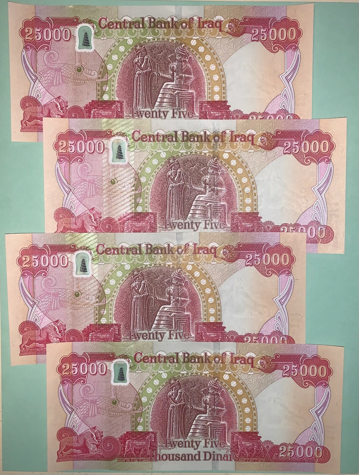 100,000 New Iraqi Dinar - 2023 - 4 x 25,000 IQD - 1/10 Million Iraq Currency COA