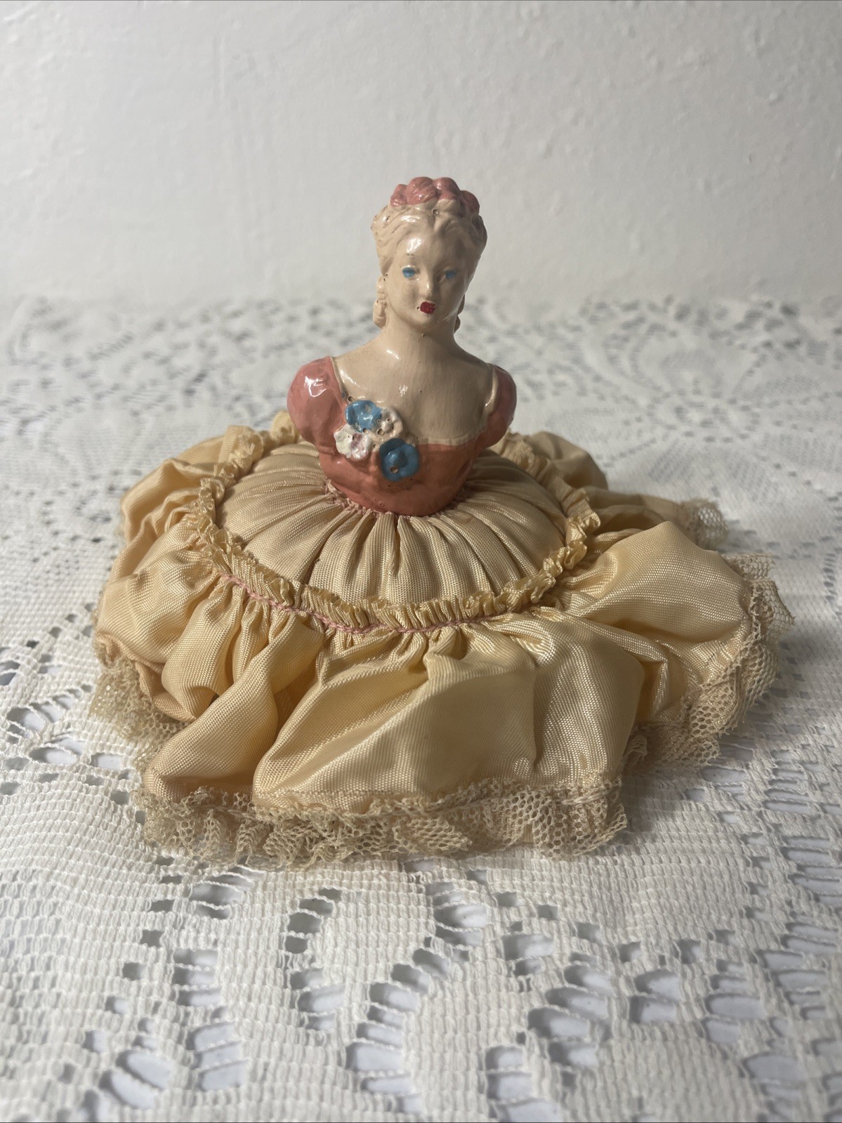 Antique Victorian 1920’s Pin Cushion Half~Chalkware Lady w/Satin Lace Dress