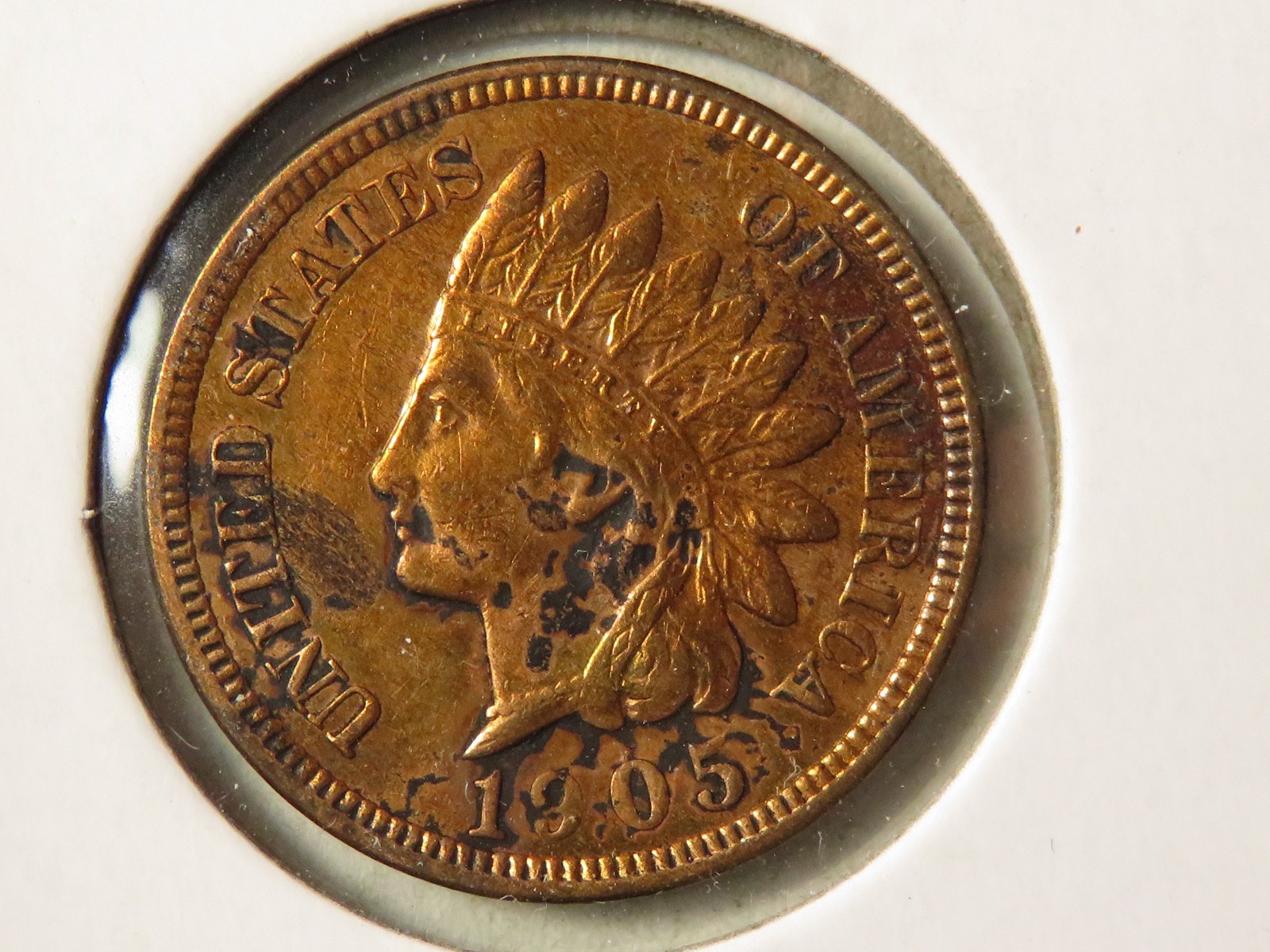 1905 Indian Cent Grading AU/Unc; Cleaned, Stained