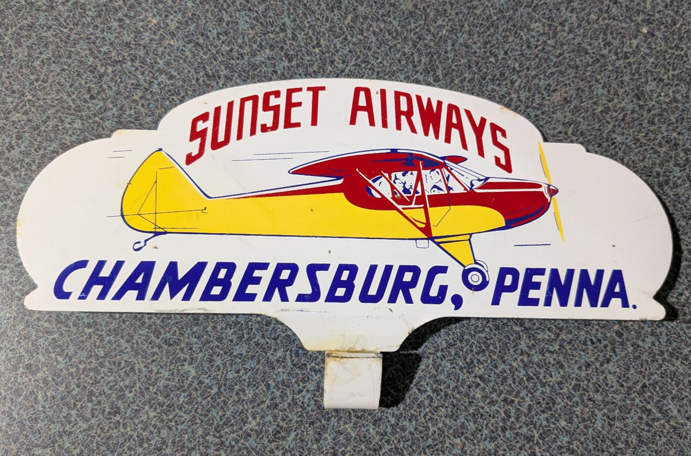 Vintage White Metal Sunset Airways Chambersburg Penna. License Plate Topper RARE Vintage White Metal Sunset Airways Chambersburg Penna. License Plate Topper RARE