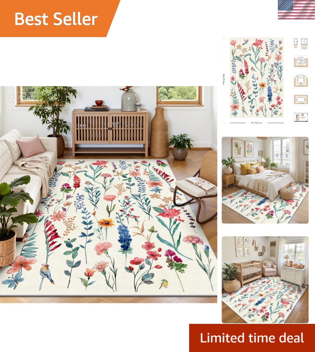 Luxurious 6x9 Indoor Floral Area Rug with Non-Slip Backing - Easy Care Design