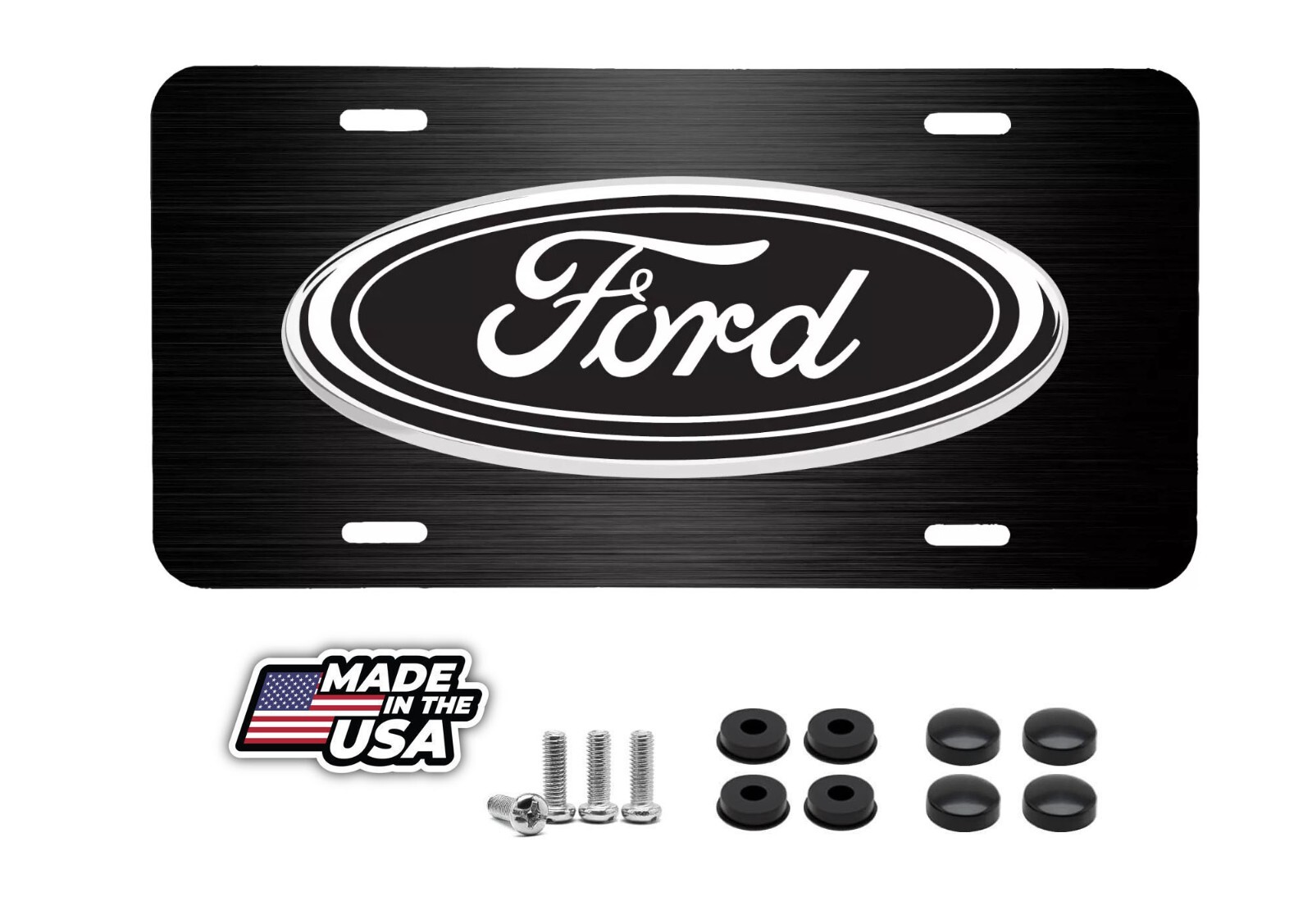 FORD LOGO BLACK BRUSHED STEEL LOOK VEHICLE LICENSE PLATE CAR TRUCK AUTO TAG
