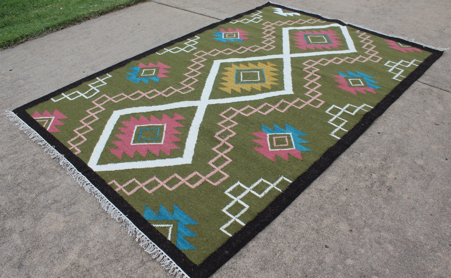 Vintage Sage Green Scandinavian Flatweave Wool Rug - Geometric Boho - 5.3' x8.4'