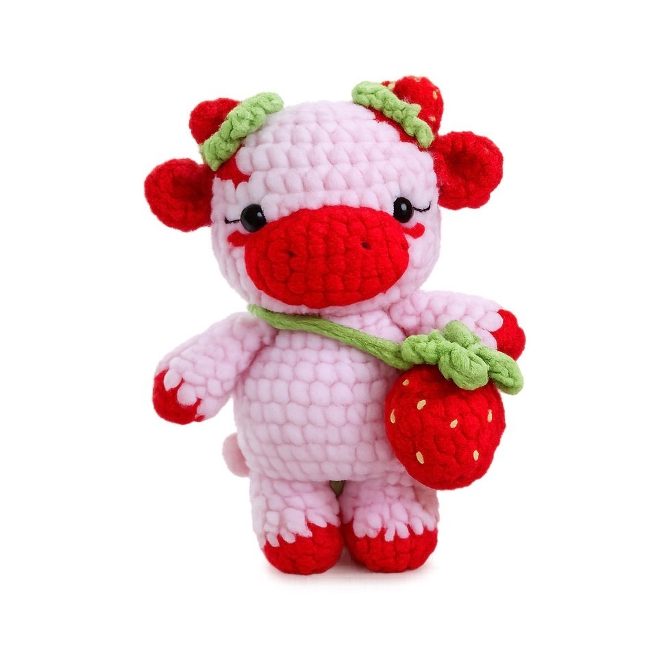 Handmade Crochet Strawberry Cow Plush Amigurumi Cute Stuffed Animal Toy Gift