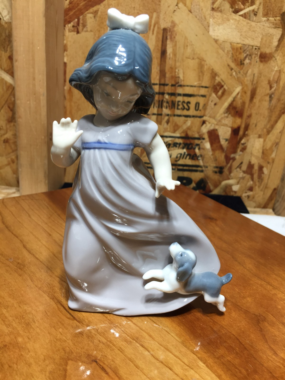 VTG 1987 Nao By Lladro Porcelain Daisa Girl Running With Dog Blue Gray Tones