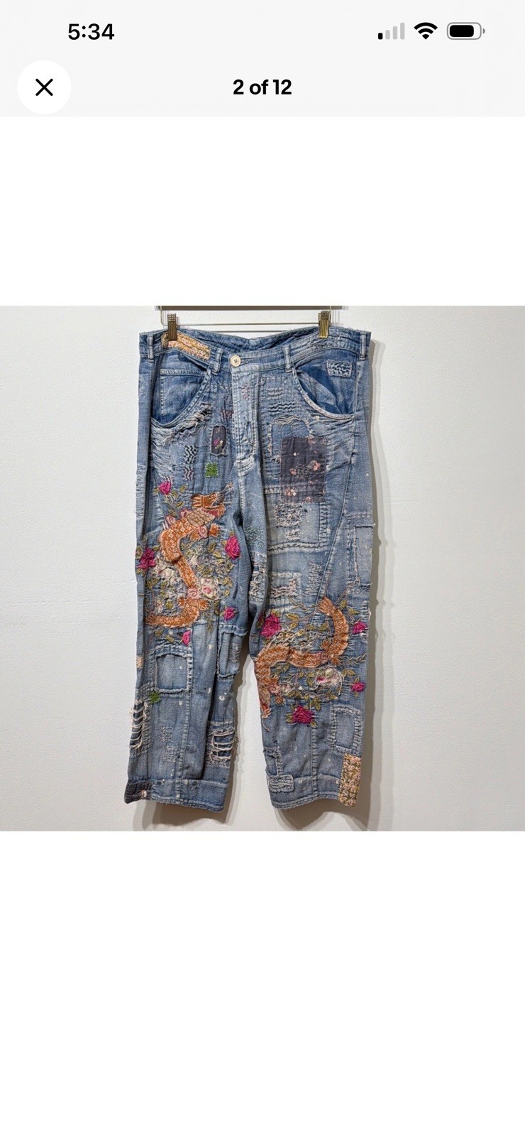 Magnolia Pearl Love Supply Co Patchwork Distressed Dragon Embroidery Jeans Blue
