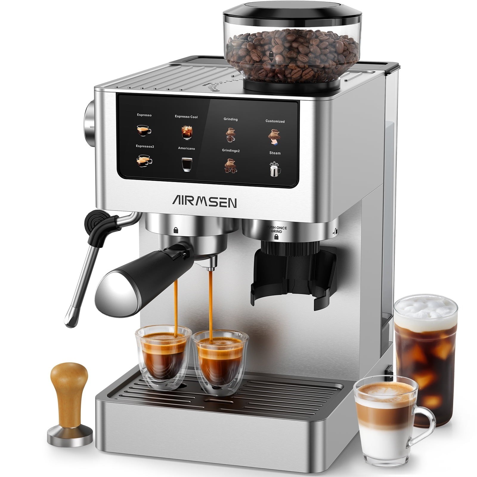 AIRMSEN BCM2316 Espresso Machine w/Grinder, Brushed Stainless Steel