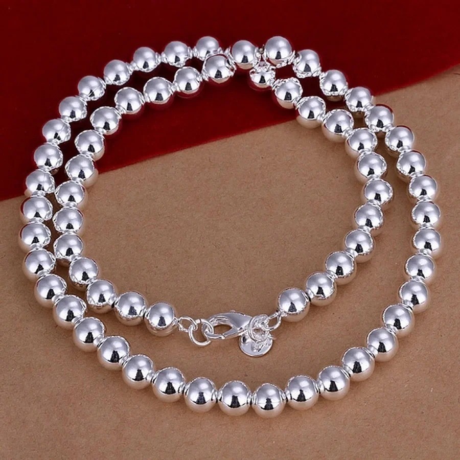 4-10MM Beads Chain 925 Sterling Silver Necklace Exquisite Wedding Luxury Gorgeou
