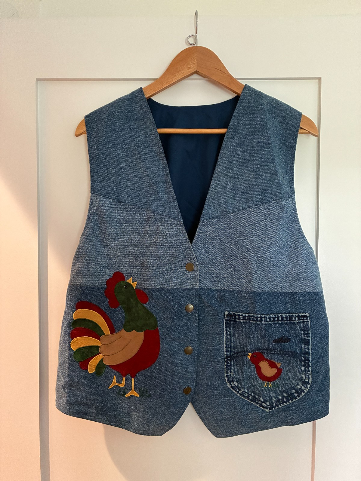 Vintage Handmade Denim Vest Featuring Whimsical Rooster and Chick Vintage Handmade Denim Vest Featuring Whimsical Rooster and Chick