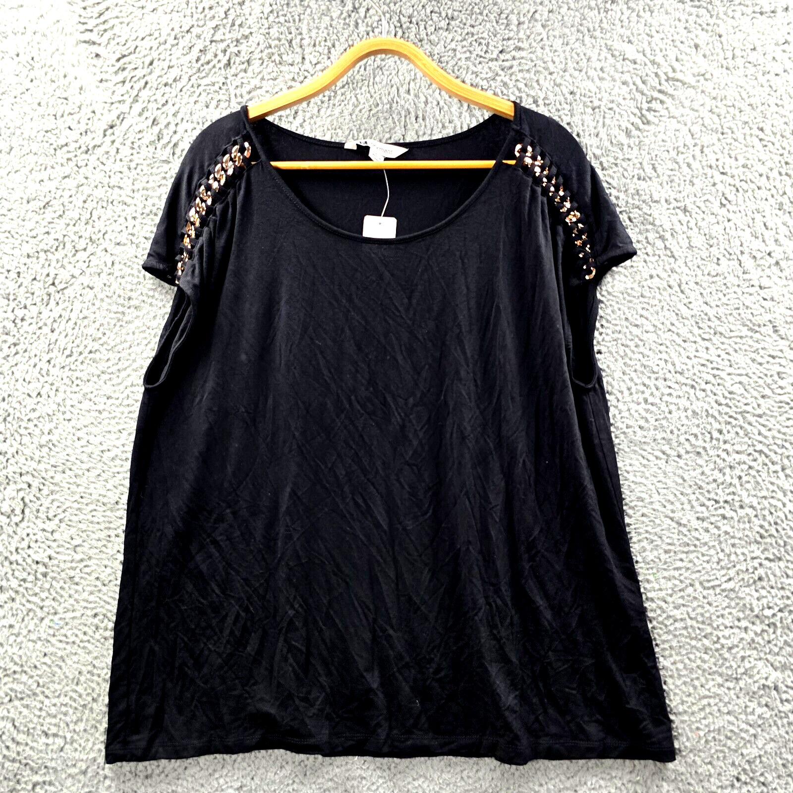New Rockmans Womens T-Shirt Top Size XL Black Stretch Knit Short Sleeve Chains