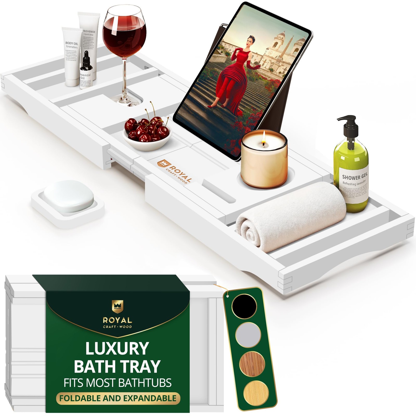 Royal Craft Wood White Foldable Bamboo Bathtub Tray