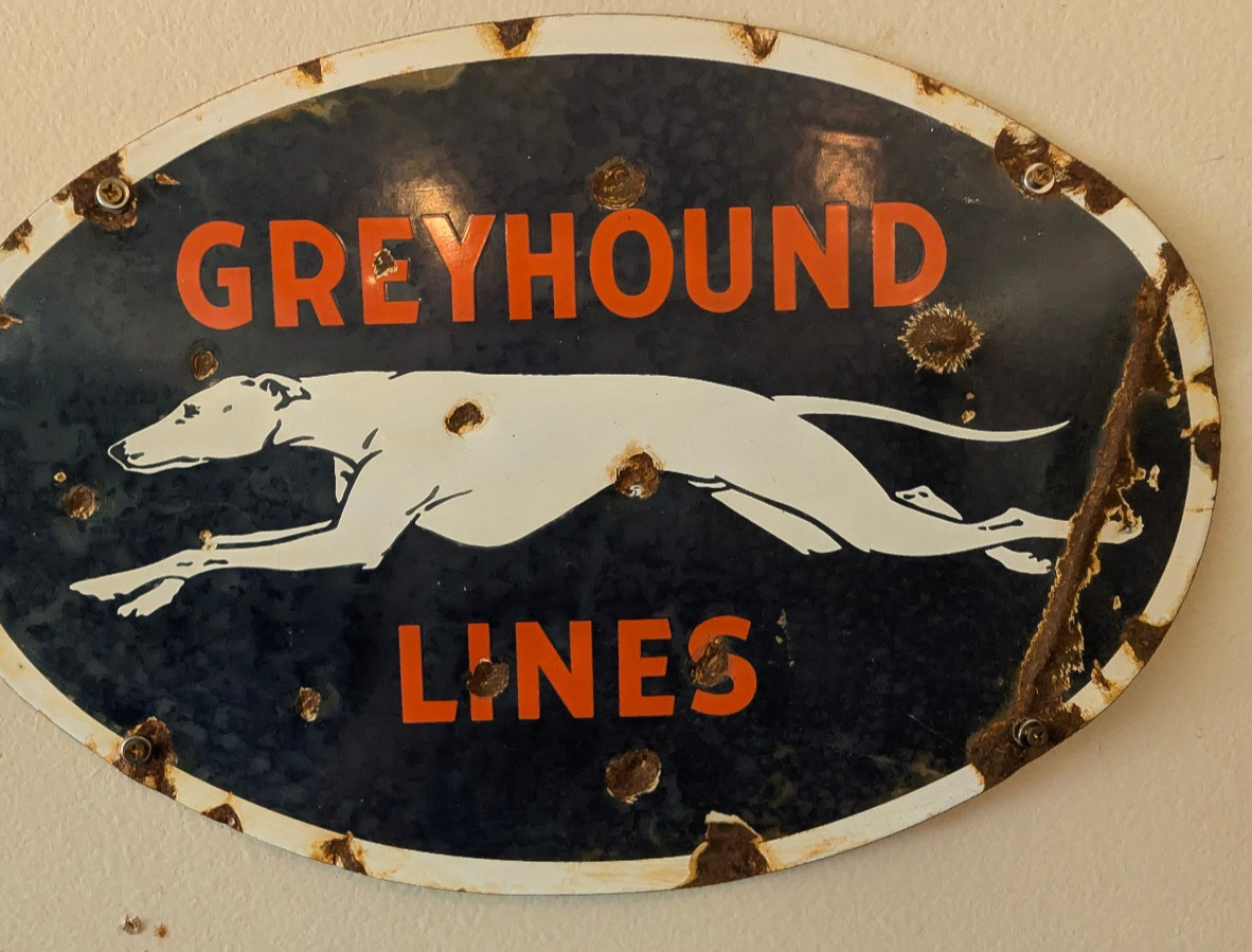 Greyhound Lines Bus sign heavy porcelain enamel oval transit vintage Greyhound Lines Bus sign heavy porcelain enamel oval transit vintage