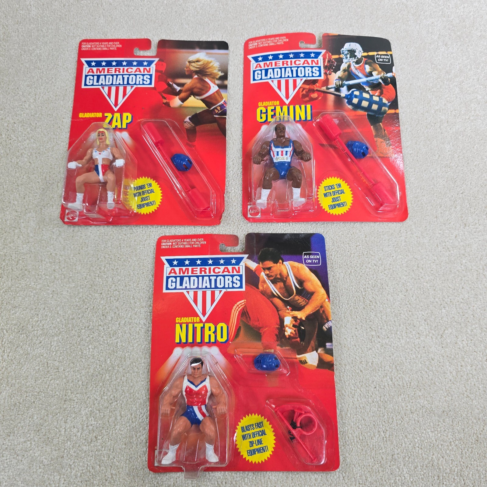 Lot 3 Gemini Nitro Zap Challenger American Gladiators Action Figures 1991 Mattel