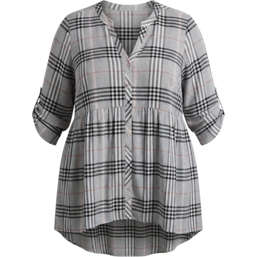 Torrid Lexie Plaid Chiffon Babydoll Blouse Grey Black Roll Tab Sleeve Size 3 3X