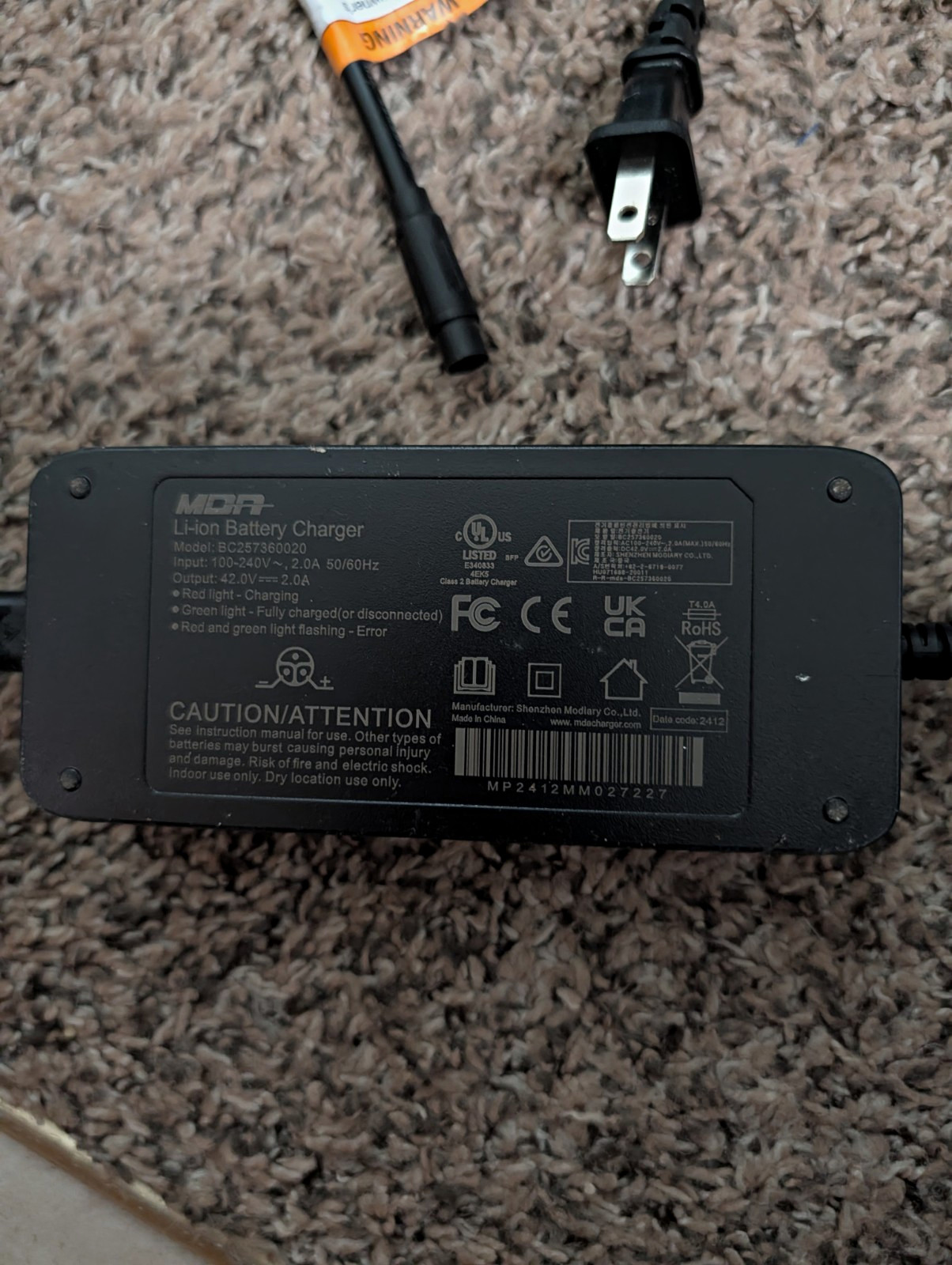MDA BC257360020 Li-ion Mains Battery Charger 42V For Schwinn Regent