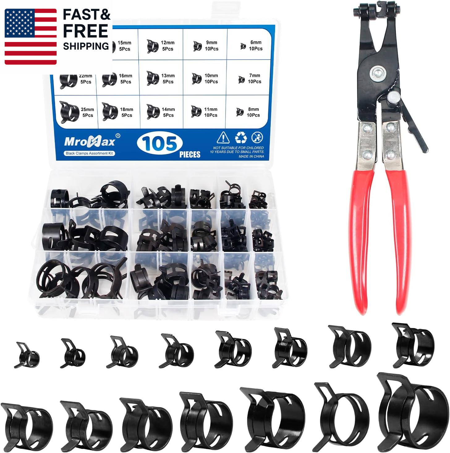 105Pcs 6-25Mm Spring Band Hose Clamp Assortment Kit with Hose Clamp Pliers, 15 S 105Pcs 6-25Mm Spring Band Hose Clamp Assortment Kit with Hose Clamp Pliers, 15 S