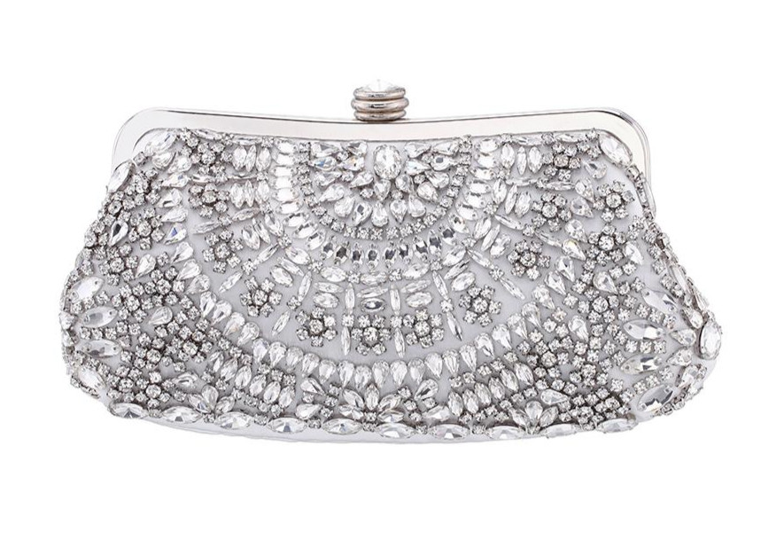 Nina Women\'s Crystal Embellished Frame Clutch White Silver